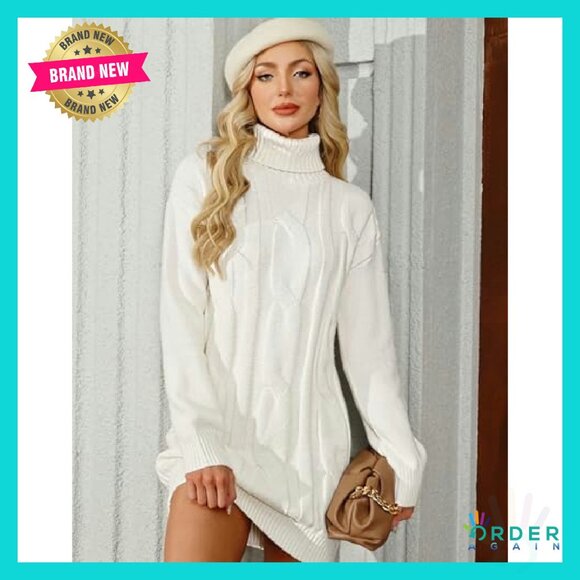 Long Sleeve Turtleneck Sweater Dress Ribbed Knit Stretchy Midi Elegant - Picture 3 of 6